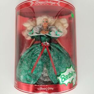 Vintage Mattel 1995 Happy Holidays Christmas Brunette Barbie Doll Green Gown